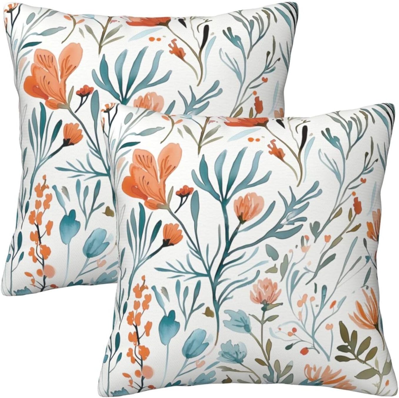 Turquoise Orange Floral Throw Pillow Covers 18x18 in Set of 2 Decorative Teal Orange Flower Square Pillowcase Pillowcovers for Couch Living Room Sofa Bedroom