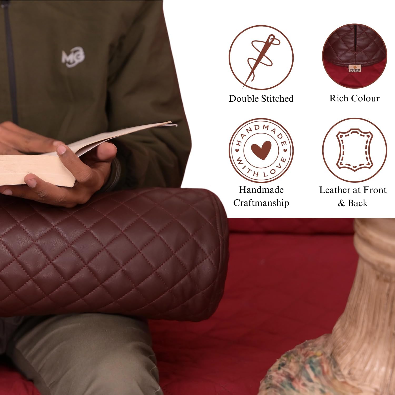 Neck Roll Pillow Cushion Cover, 20x7 Inch Full Moon Round Bolster Pillow Case, Cylinder Soft Lambskin Leather Pillowcase for Head, Spine & Neck Support During Sleep - Quilted Dark Brown Pack of 1