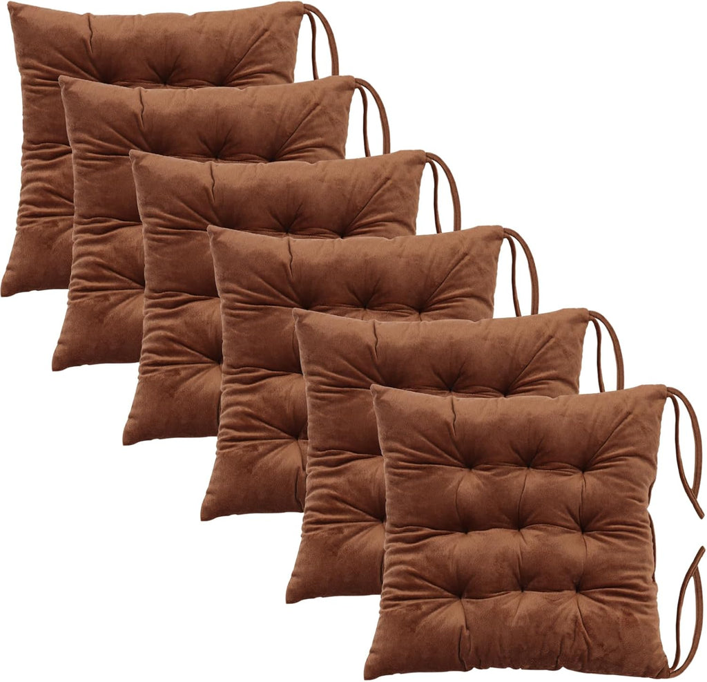 6 Pack Square Seat Cushion Chair Pads for Kitchen Dining Chairs, Soft Comfort Velvet Chair Mat Pillow Cushions with Ties for Office Desk Living Room Tatami 15.5", Coffee