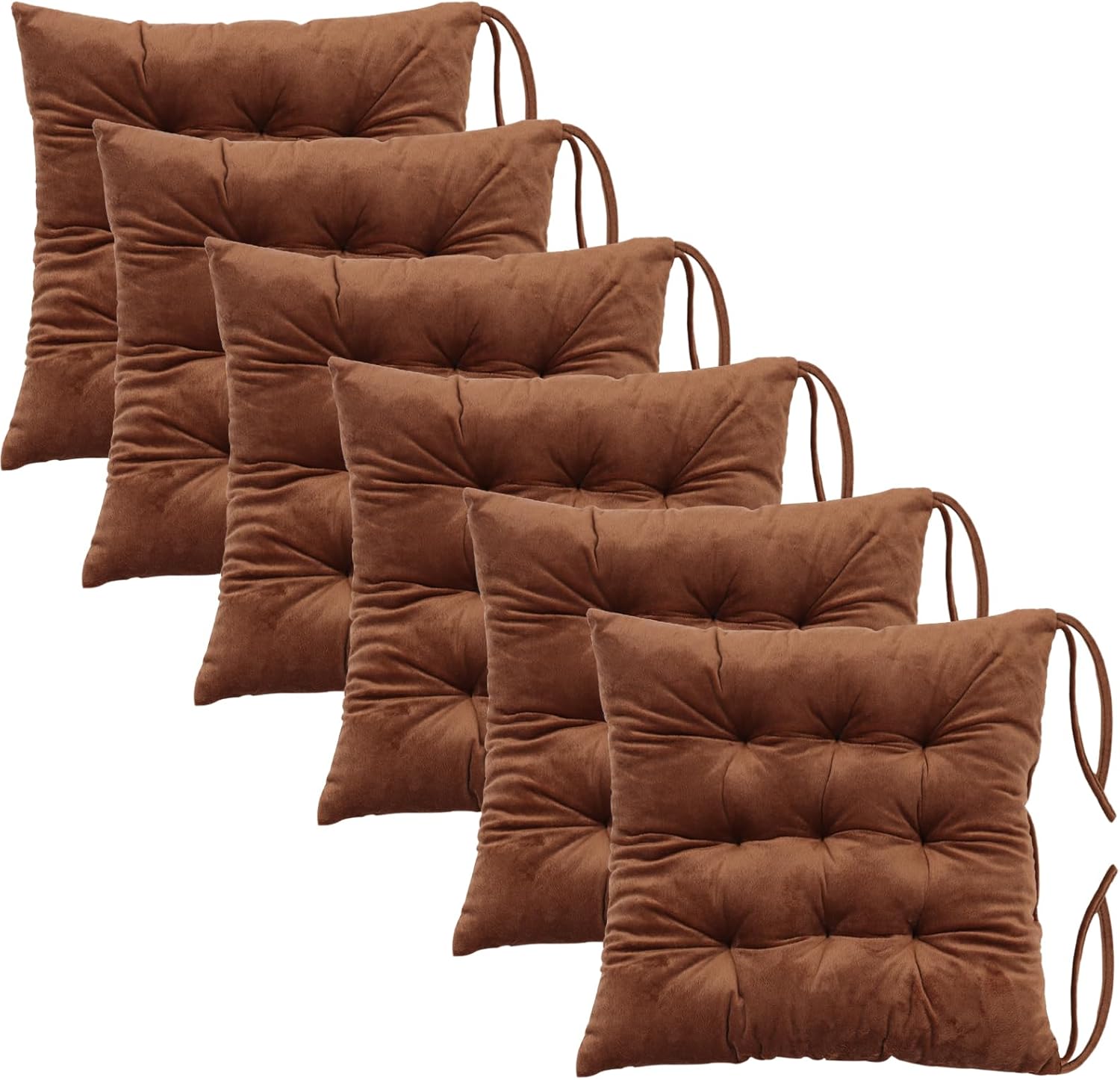 6 Pack Square Seat Cushion Chair Pads for Kitchen Dining Chairs, Soft Comfort Velvet Chair Mat Pillow Cushions with Ties for Office Desk Living Room Tatami 15.5", Coffee