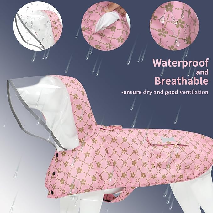 Waterproof Dog Raincoat, Adjustable Reflective Lightweight Pet Rain Clothes with Poncho Hood (Gold Cheery Blossoms Pink, Medium)
