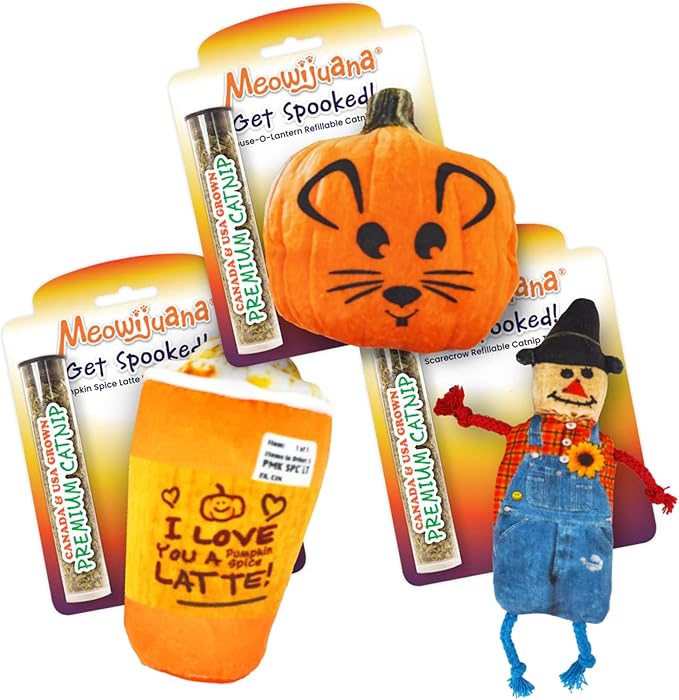Meowijuana Refillable Cat Toys | Get Spooked Bundle - Scarecrow, Pumpkin, Pumpkin Spice Latte Catnip Toys | Includes Potent Hand Harvested Catnip Grown in North America | Promotes Play