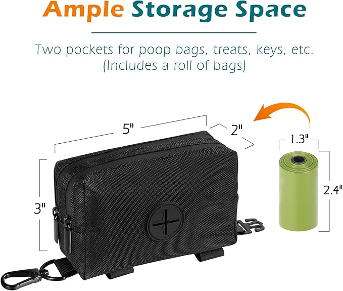 PetBonus Dog Poop Bag Holder, Portable Pet Waste Bag Dispenser, 2 Pouches for Treats and Walking Accessories, Fit All Leashes, Includes 1 Roll of Dog Poop Bags (Black)