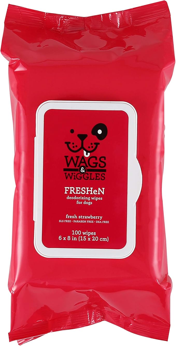 Wags & Wiggles Freshen Deodorizing Wipes for Dogs, Fresh Strawberry Scent - Dog Wipes Eliminate Odors - Easy and Convenient Way to Freshen Your Pet Without A Bath, 100 Count - 12 Pack