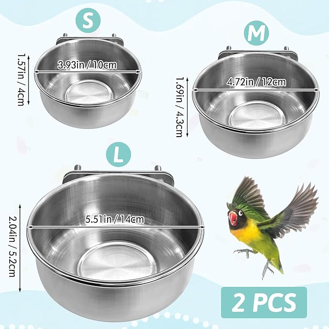 PINVNBY 2 PCS Stainless Steel Bird Bowl Parrot Food Water Bowls with Clamp Holder Bird Feeder Dish Cups Crate Bowls for Cockatiel Pigeons Conure Budgies African Greys (Double Screws Size: M)