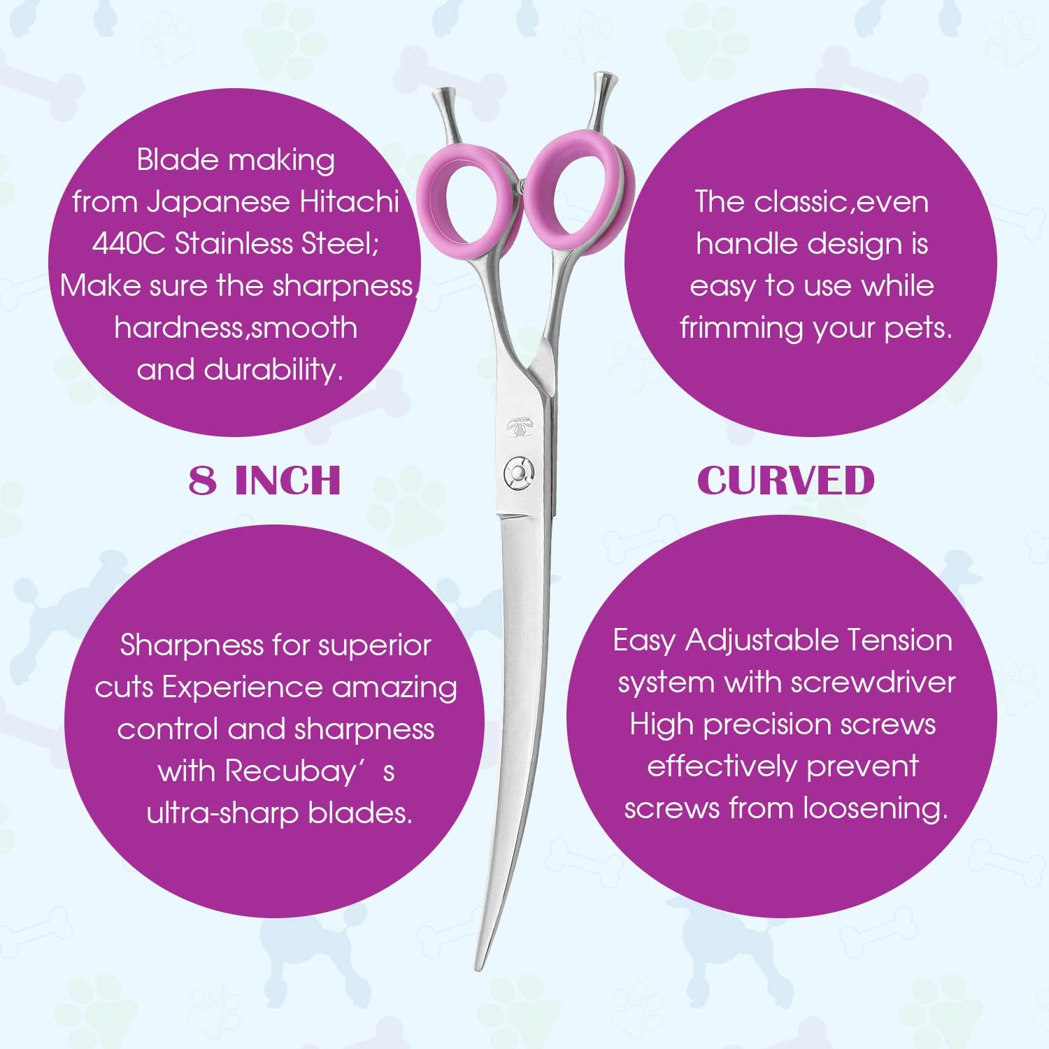 Dog Grooming Scissors, 8.0" Shears, Curved Scissors for Pet Hair Trimming. Matte Deluxe Dog Shears