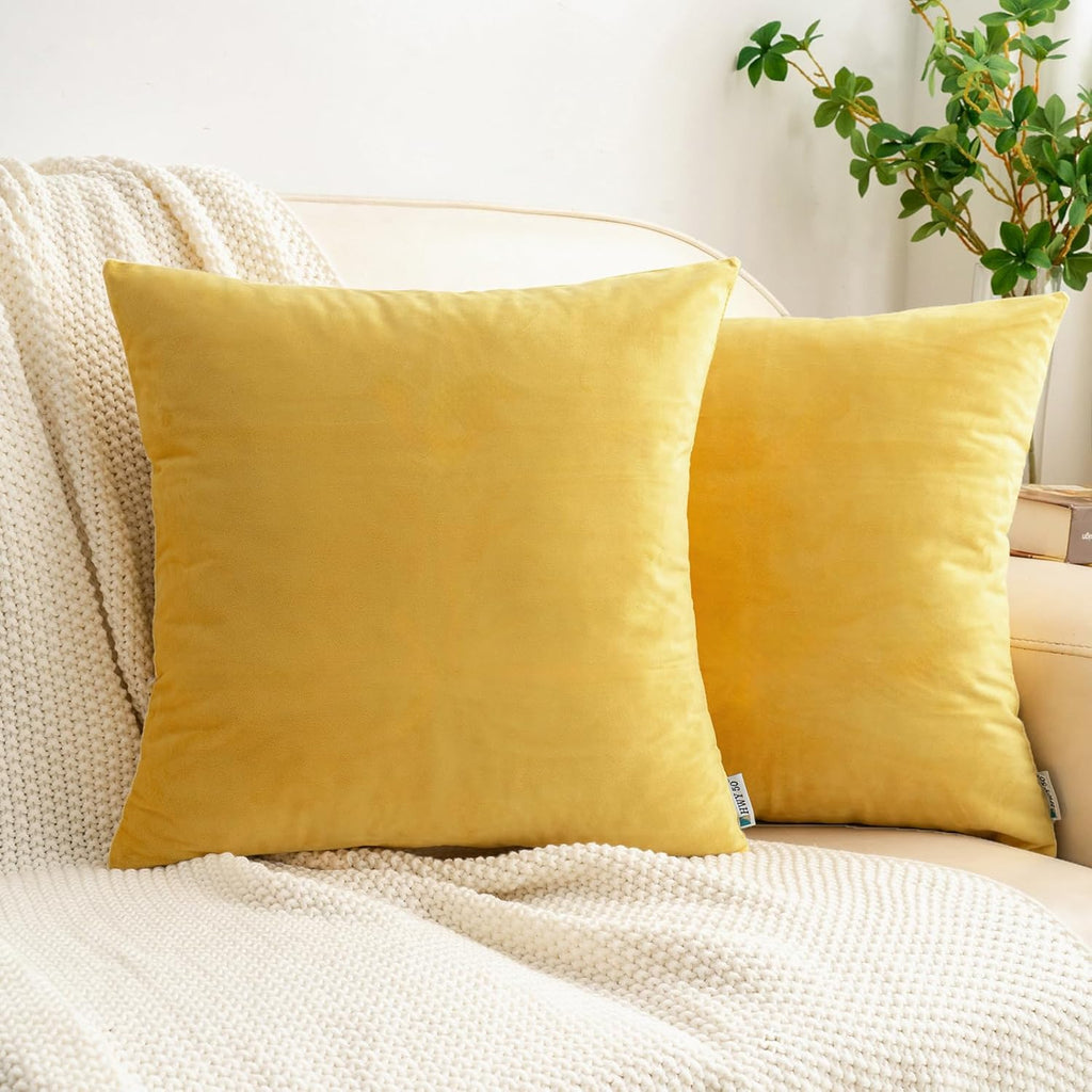 HWY 50 Yellow Velvet Throw Pillow Covers 22x22 Inch, Pack of 2 Soft Cozy Solid Decorative Luxury Cushion Cases for Couch Sofa Bed Living Room Bedroom