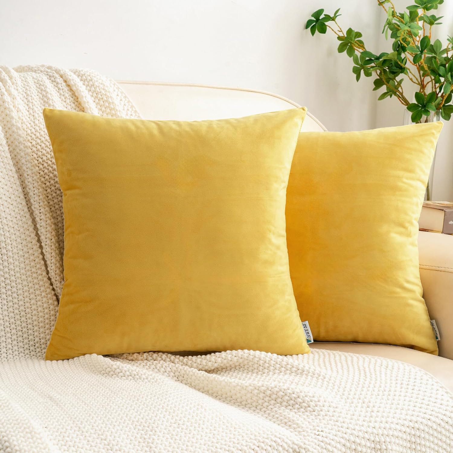 HWY 50 Yellow Velvet Throw Pillow Covers 22x22 Inch, Pack of 2 Soft Cozy Solid Decorative Luxury Cushion Cases for Couch Sofa Bed Living Room Bedroom