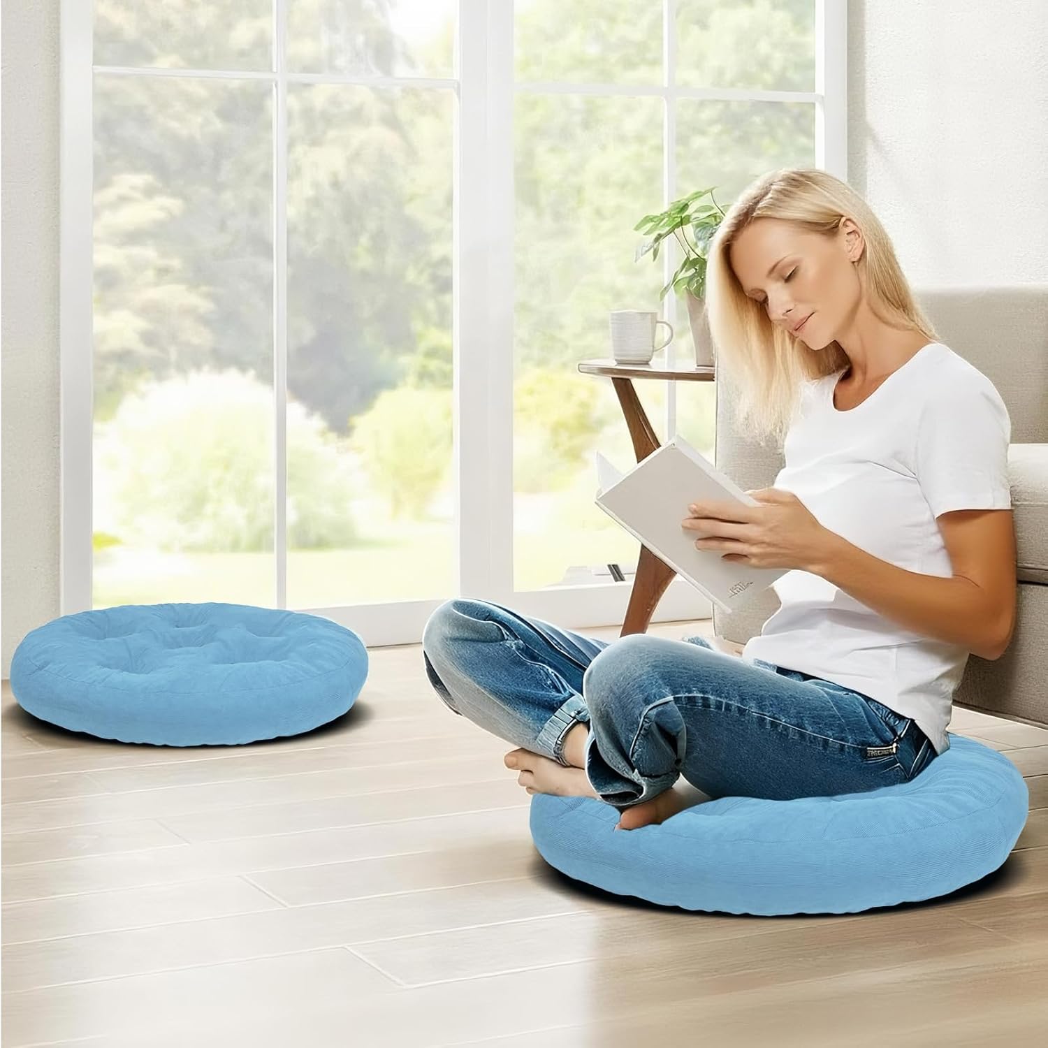 Meditation Floor Pillow Set of 2, Round Large Pillows Seating for Adults, Tufted Corduroy Cushion for Tatami Living Room, 22x22 Inch FP-Lblue-R