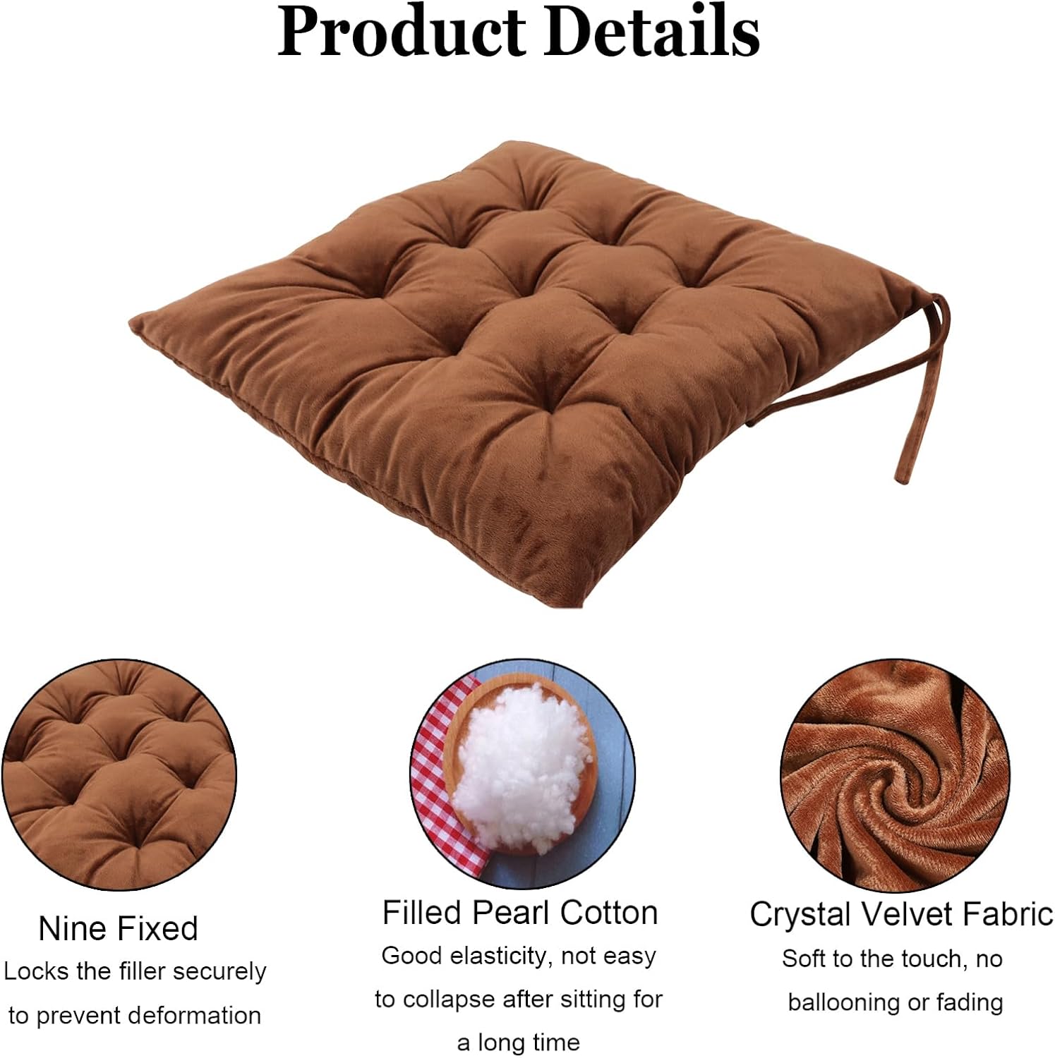 2 Pack Square Seat Cushion Chair Pads for Kitchen Dining Chairs, Soft Comfort Velvet Chair Mat Pillow Cushions with Ties for Office Desk Living Room Tatami 15.5", Coffee