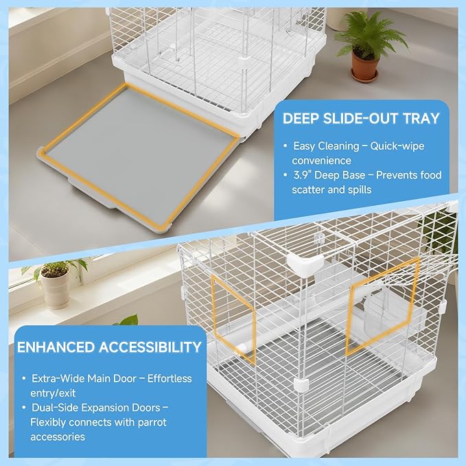 Small Bird Cage for Parakeets, Budgies & Canaries and More Small Birds - Lightweight Travel Birdcage & Bird Carrier with Handle, Stand, Removable Tray, Portable for Hanging, Outdoor Use, White