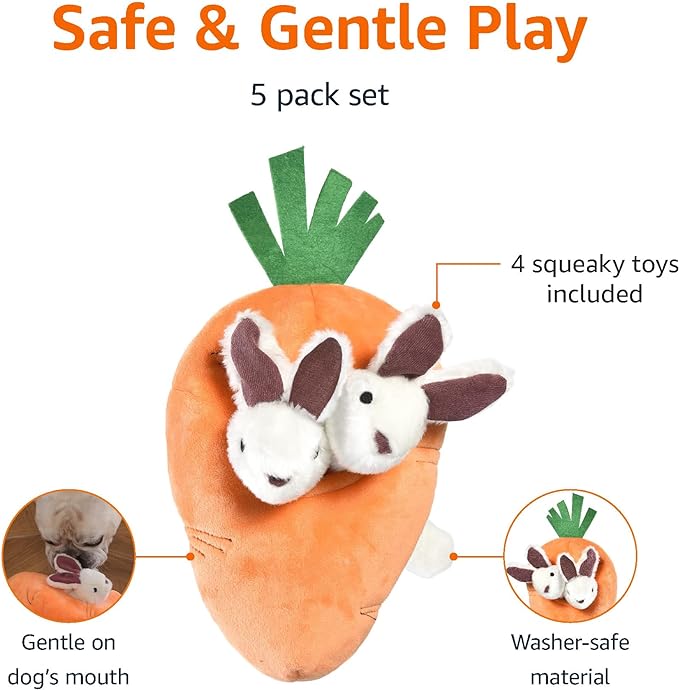 Amazon Basics Interactive Hide and Seek Squeaky Dog Plush Toy, Rabbit and Carrot, Orange and White, 5-Pack