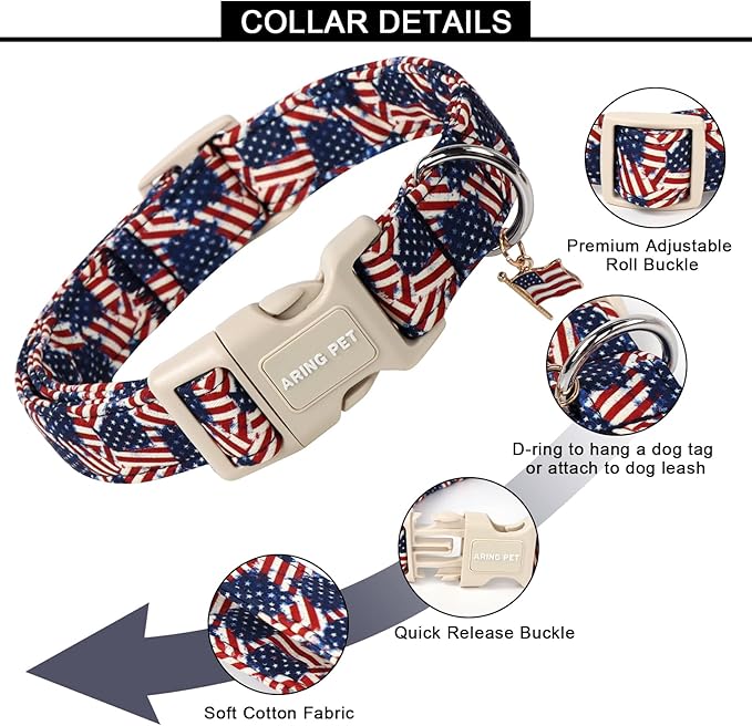 ARING PET American Flag Dog Collar-Cute Patriotic Dog Collars, Adjustable 4th of July Pet Collars Puppy Collar with Quick Release Buckle