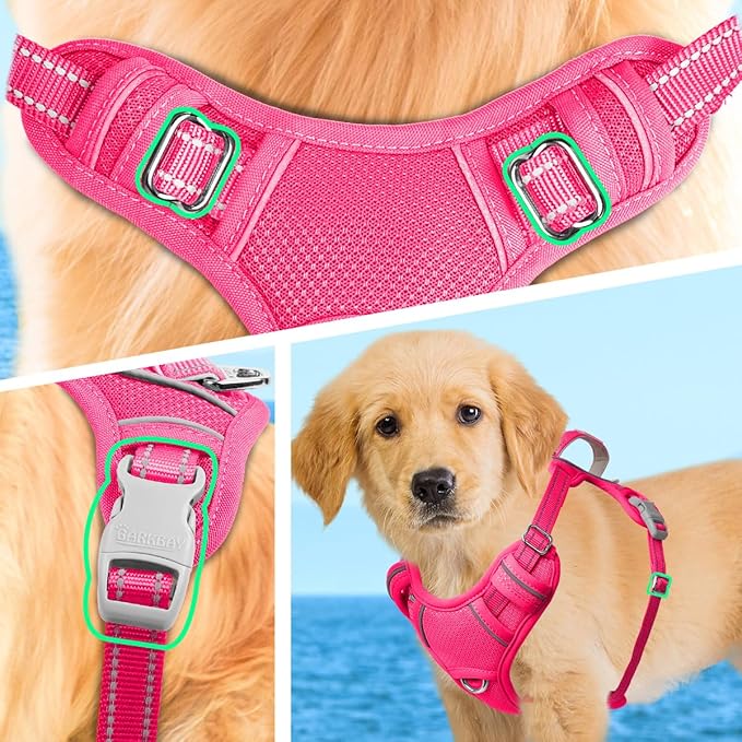 BARKBAY No Pull Dog Harness Large Reflective Dog Harness with Front Clip and Easy Control Handle for Walking Training Running with ID tag Pocket(Pink,XS)