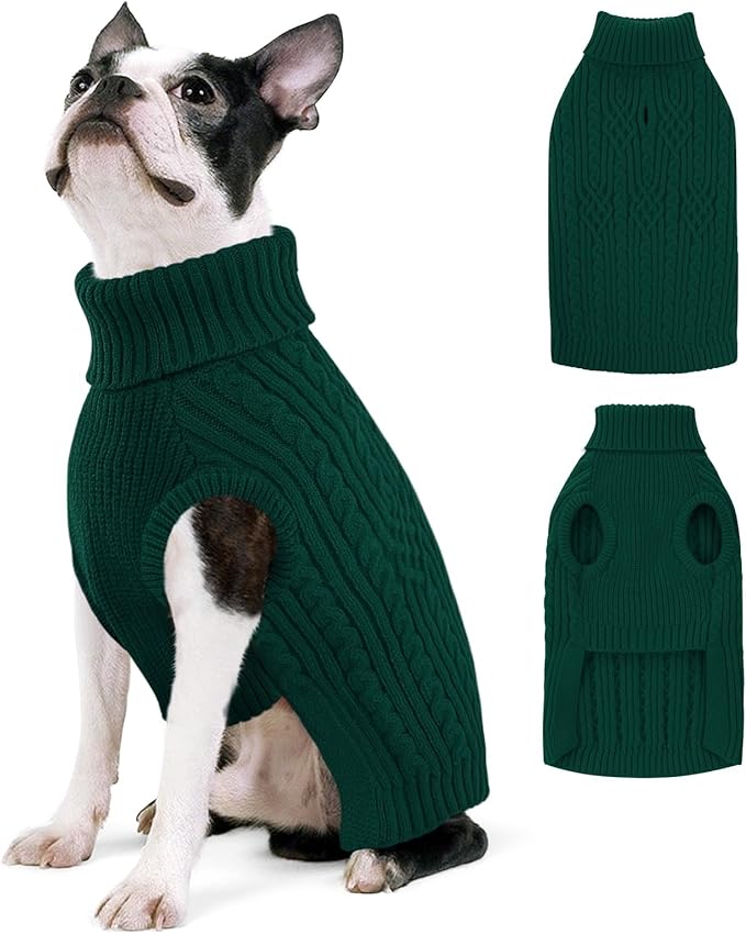 AOFITEE Dog Sweaters for Large Dogs, Stretchy Turtleneck Dogs Sweater for Christmas, Warm Dog Knitwear for Fall Winter, Green Pet Sweater with Harness Hole for Boston Terrier, French Bulldog, L