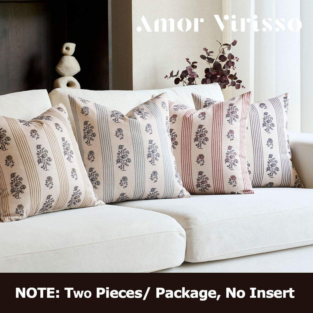 Amor Virisso Floral Throw Pillow Covers 18x18 Set of 2 Block Print Pillow Covers Neutral Floral Striped Farmhouse Decorative Pillow Covers for Sofa Couch Bed, Yellow