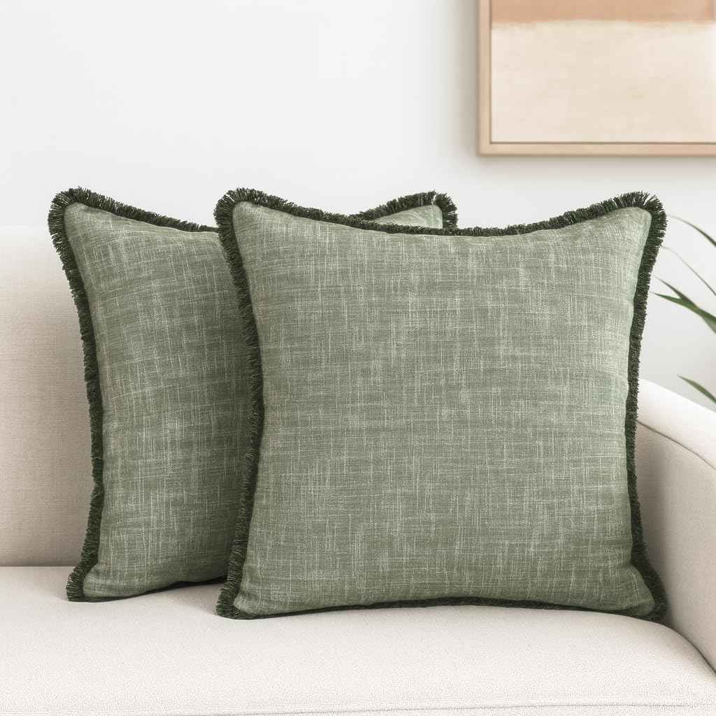 20x20 Textured Cotton Pillow Covers Green with Decorative Fringe Boho Farmhouse Cushion Cover with Tassels Linen Like Accent Pillowcases for Bed Couch Chair Sofa Living Room Set of 2