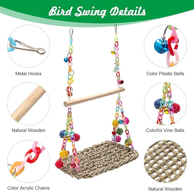 Bird Swing Toys Coolrunner Bird Hammock Bed Hanging Swing Nest Cotton Weave Hemp Rope Bird Seagrass Swing Toys with Colorful Bells Bird Swing Toys for Parakeets, Budgie, Conure, Cockatiel