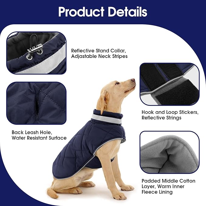 Dog Winter Coat Warm Padded Puppy Jacket Windproof Water Resistant Clothes for Small Medium Large Pets Christmas Sweater Outfit Vest(DarkBlue, L)