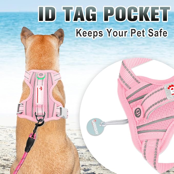 BARKBAY No Pull Dog Harness Large Reflective Dog Harness with Front Clip and Easy Control Handle for Walking Training Running with ID tag Pocket(Baby Pink,XS)