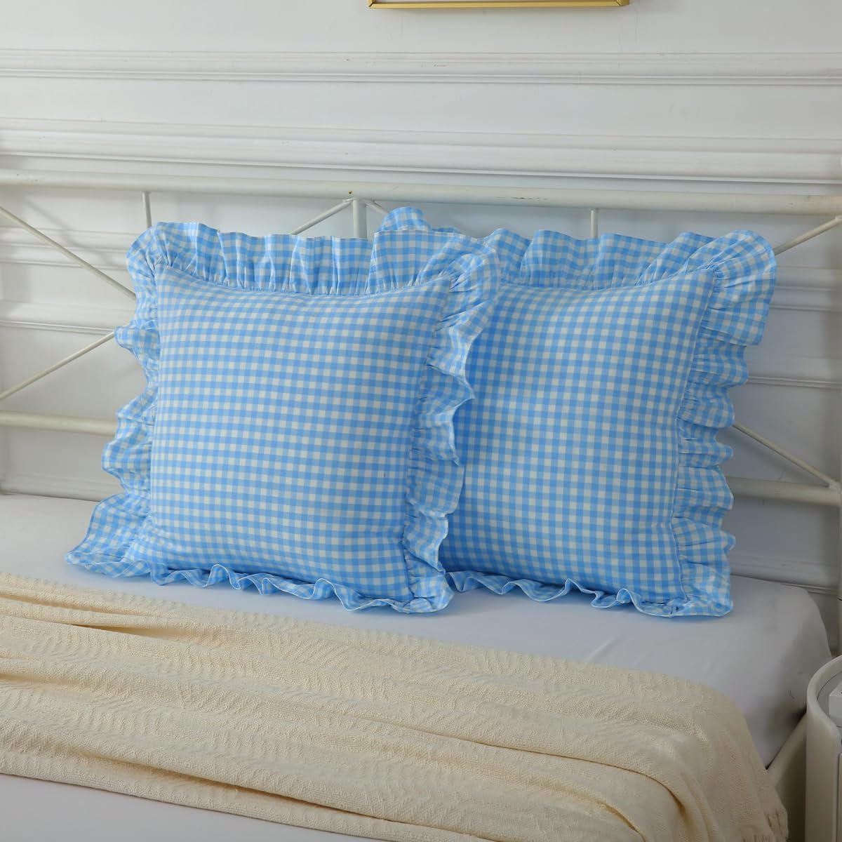 2 Pack Vintage Sky Blue Plaid Ruffle Throw Pillow Covers,Washed Cotton Checkered Gingham Pillow Covers 20"x20" for Sofa,Couch,Bed and Living Room