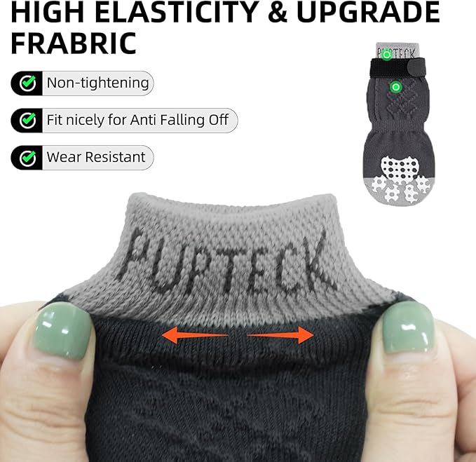 PUPTECK Anti Slip Dog Socks 2 Pairs with Double Grippers for Hardwood Floors, Shoes for Hot/Cold Pavement, Boots & Paws Protectors to Prevent Licking, Traction Booties for Senior Small Large Dogs