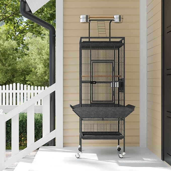 61-Inch Large Parrot Bird Cages with Rooftop Playground, Rolling Caster Wheels, Wrought Iron Birdcage for Small Medium Parrots, Macaws, Cockatoos – Indoor/Outdoor Use for Homes, Aviaries
