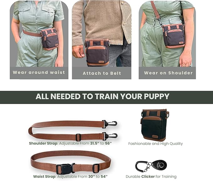 BEAU&FUR Small Dog Treat Pouch with Clicker for Training – 2 Cup Capacity, Built-In Poop Bag Dispenser, Storage for Snacks & Toys - Hands-Free Pouch Snack Holder for Walking and Training – Black Brown