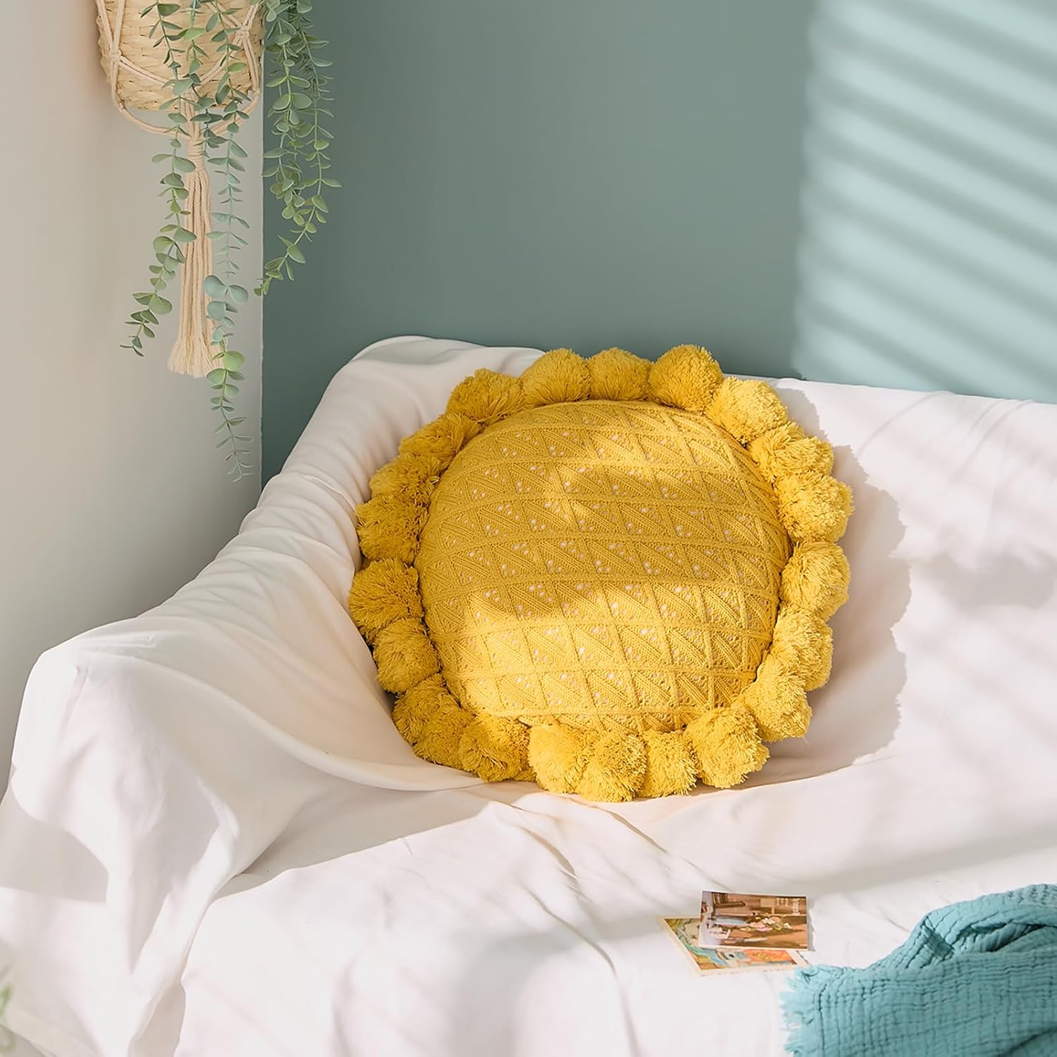 Acrylic Knitted Round Throw Pillow Knitting Bohemian Circular Cushion Pillow with Knit Handmade Pompoms Decorative Ginger Yellow, Diameter 18inches