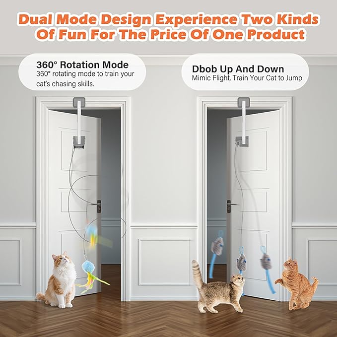 Rechargeable Electric Cat Teaser with Remote – Interactive Door Clip Toy for Cats, 2 Motion Modes (360° Spin & Irregular Jumping), Smart Auto Cat Toy for Exercise & Fun (Gray)