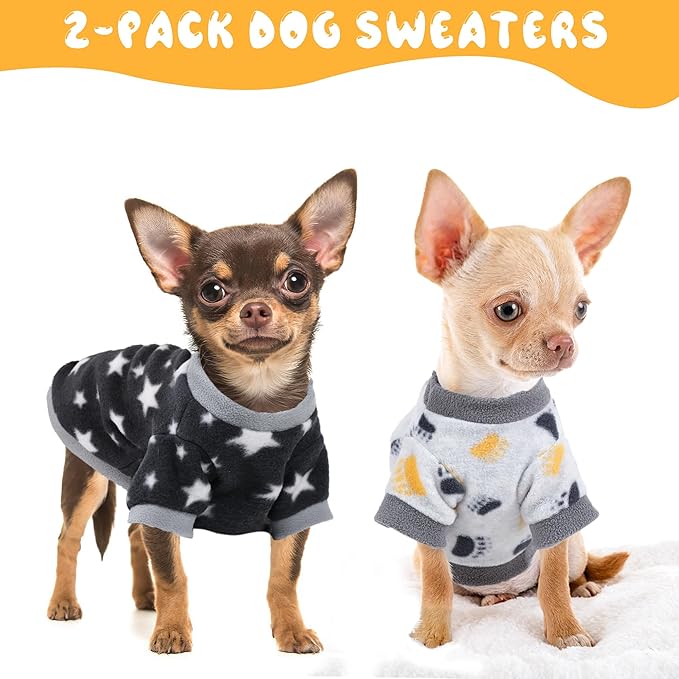 2 Pieces Dog Sweaters for Small Dogs Boy Fall Winter Fleece Dog Clothes Soft and Warm Puppy Sweater Doggie Coat Pet Cloting (Dog Paws, Stars, X-Small)