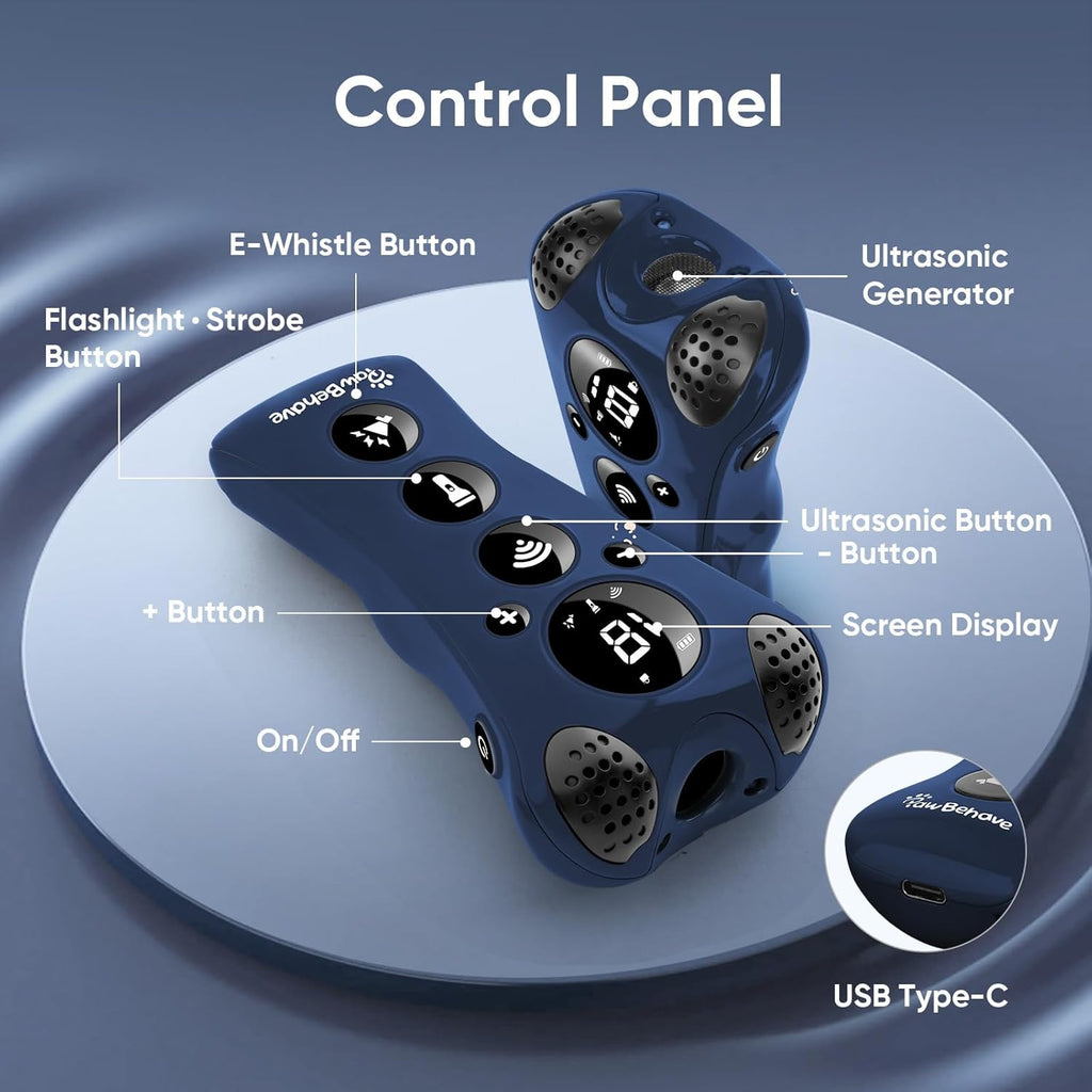 Adjustable Ultrasonic Dog Trainer–World's First Variable Frequency Pet Behavior Corrector with 10 Level Ultra Sound, 18 Dog Whistles, Anti-Bark Flashlight, Safe and Humane Deterrent (Blue)