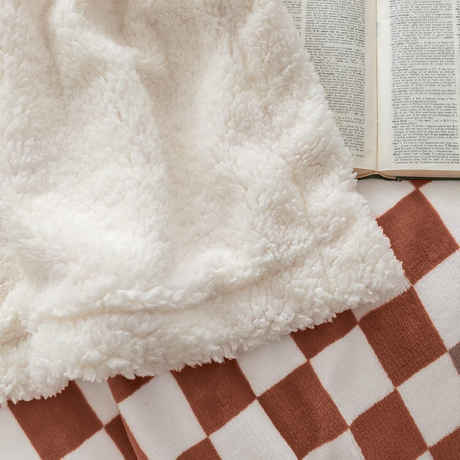 LOMAO Sherpa Throw Blanket Fleece Blanket with Checkered Pattern Soft Thick Blanket for Couch, Bed, Sofa Luxurious Warm and Cozy for All Seasons (Maple Brown, 60"x80")