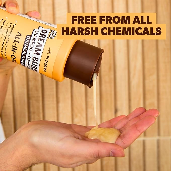 Petsmont Dream Bubbles Organic Shampoo + Conditioner for Dogs and Cats - Oatmeal Shampoo for Sensitive Skin, Anti Itch Conditioner 2 in 1 Dog Itch Relief - 16oz