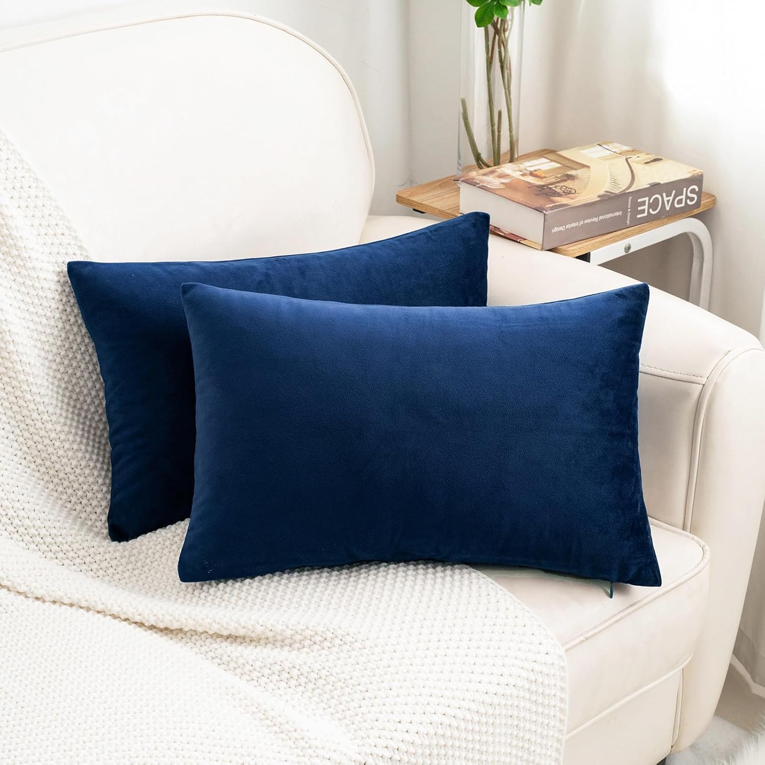 HWY 50 Navy Blue Velvet Rectangular Throw Pillow Covers 12x20 Inch, Pack of 2 Soft Cozy Solid Decorative Luxury Cushion Cases for Couch Sofa Bed Living Room Bedroom