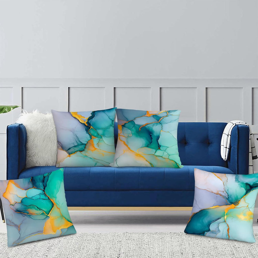 Marble Texture Turquoise Decorative Throw Pillow Covers Teal Gold Pillow Cases for Couch Sofa Chair Livingroom Bedroom Set of 4 18x18 Inch Abstract Modern Cushion Cover