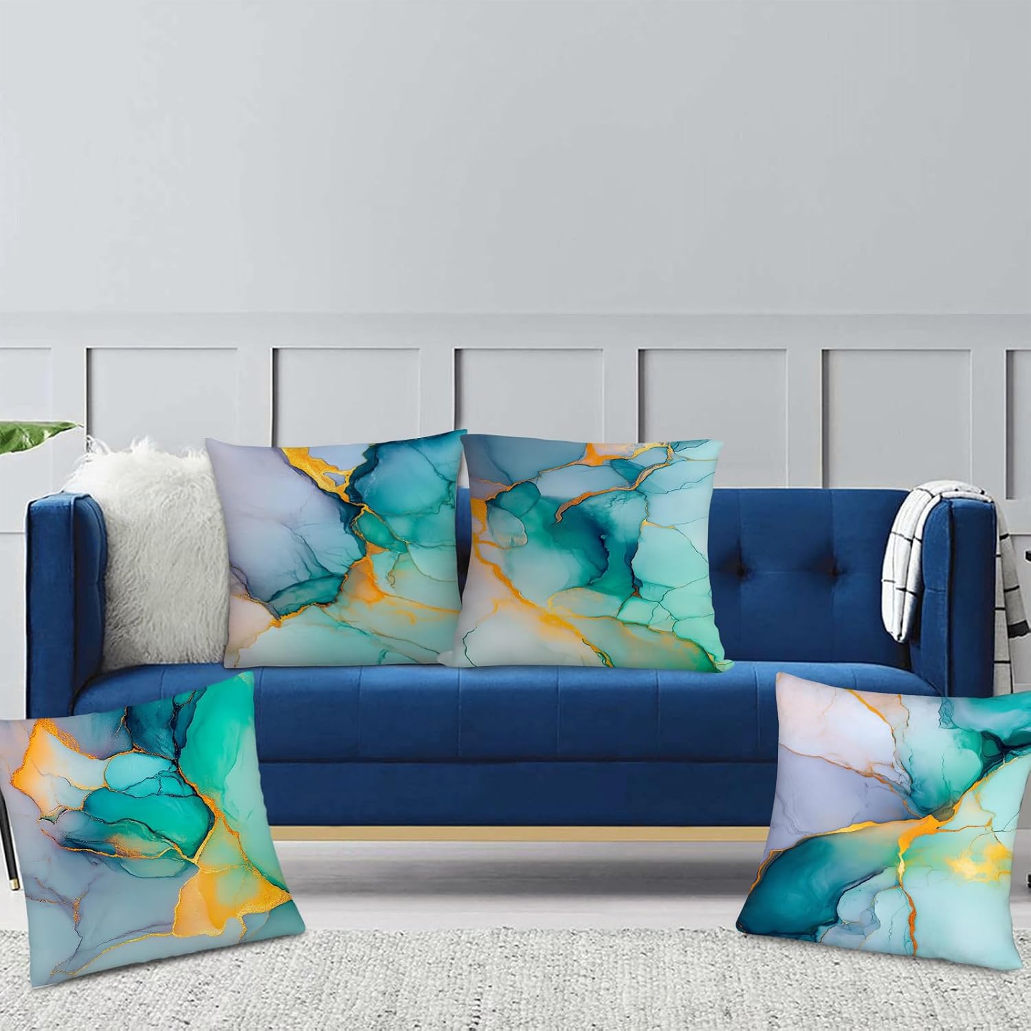 Marble Texture Turquoise Decorative Throw Pillow Covers Teal Gold Pillow Cases for Couch Sofa Chair Livingroom Bedroom Set of 4 18x18 Inch Abstract Modern Cushion Cover