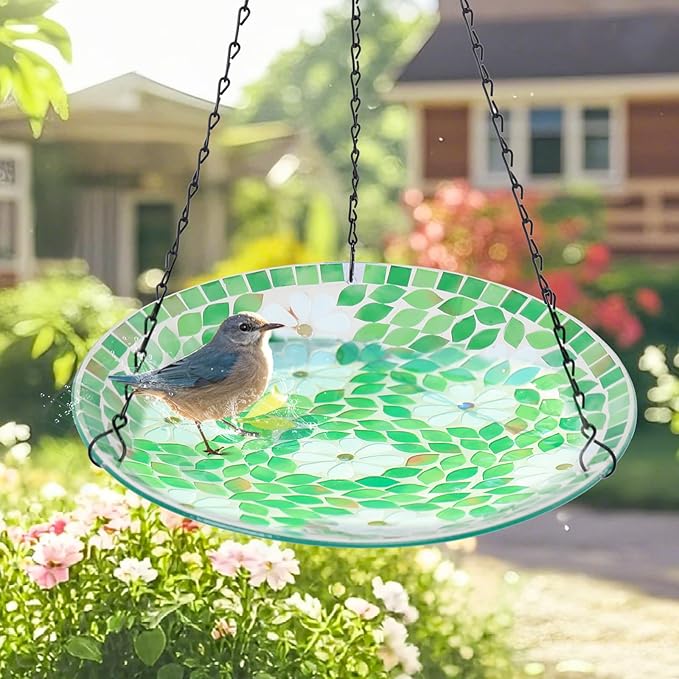 MUMTOP Mosaic Hanging Bird Bath-Bird Baths for Outdoors - 12 Inch Glass Birdbath Bird Water Bowl Bird Feeders for Outside, Garden, Lawn Yard Decor（Flower & Leaf）