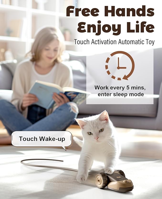 CYROS 3-in-1 Interactive Cat Toy - 2-Speed Automatic Moving Mouse Cat Toys Self Play with 2pcs Hanging Feather String Ribbon and Wiggly Silicone Mice Tail for Bored Indoor Adult Cats Kittens