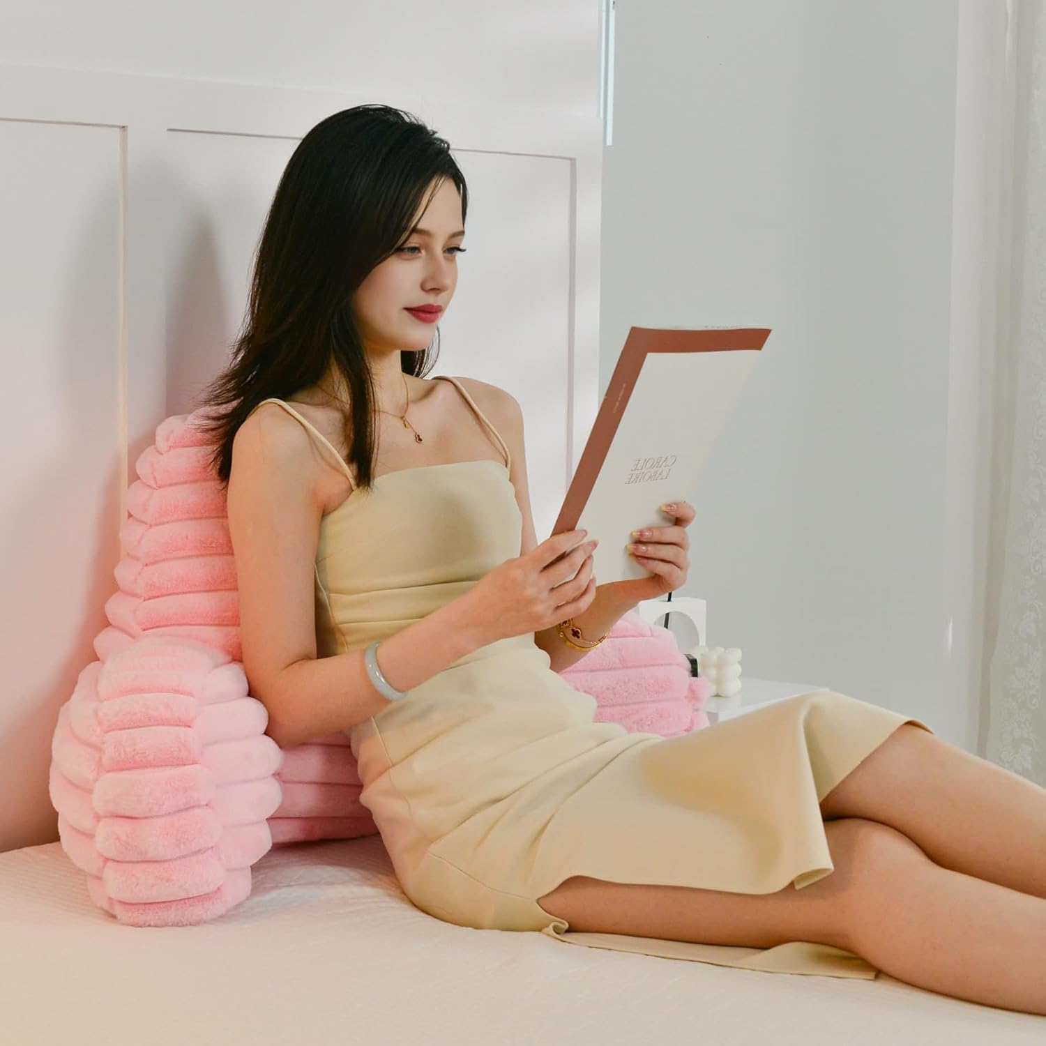 Yaoshuho Large Reading Pillow for Adults, Back Support Pillow for Sitting Up in Bed with Arms, Couch for Lounging Bedrest, Pink