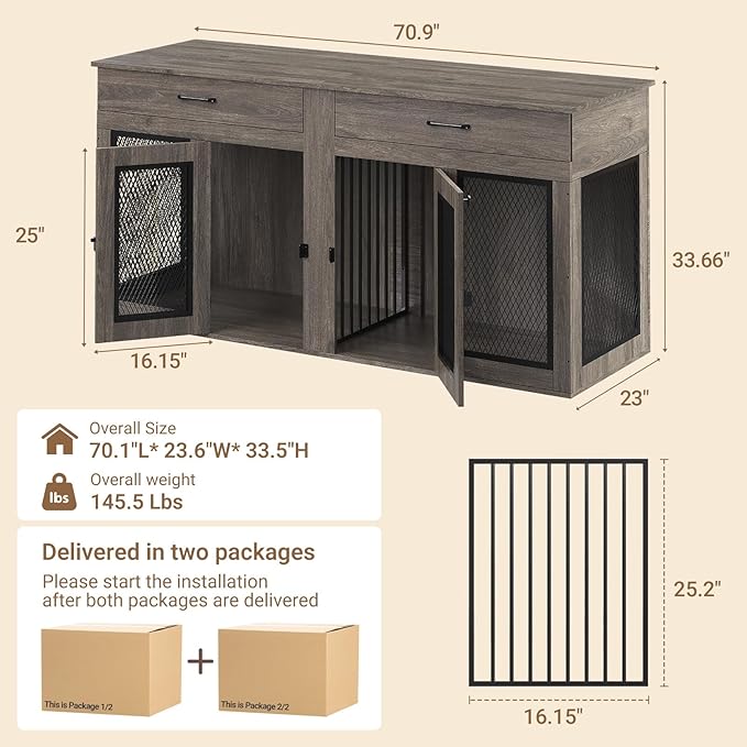 71 Inch Dog Crate Furniture for 2 Dogs，XXL Thick Wooden Double Kennel TV Stand w/Removable Divider - Heavy Duty Indoor Cage for Large Breeds (Gray, 71L* 23.6W* 33.5" H)