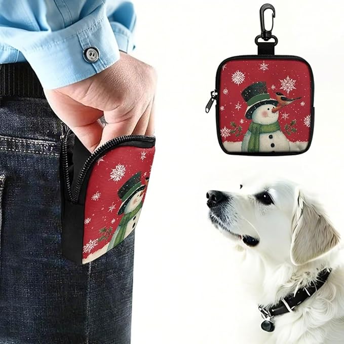 KEIAHUAN Christmas Dog Treat Pouch, Hand Free Dog Training Treat Bag with Carabiner, Xmas Snowman Print Portable Training Bag Hands-Free Snack Pouch for Dog Training, Walks & Outdoor Use