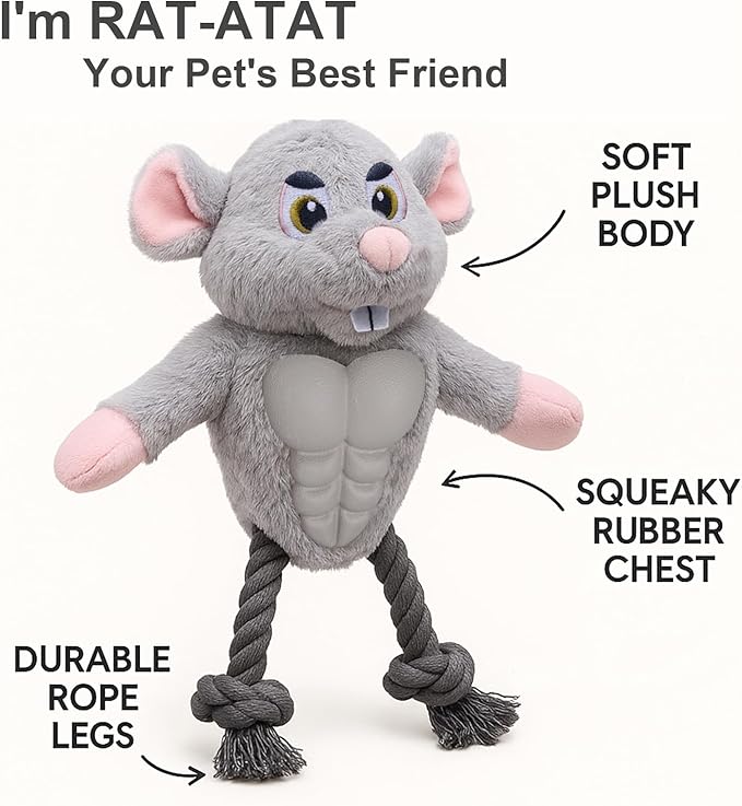Funny Muscle Mouse Dog Toy – Plush Rat with Squeaky Rubber Chest & Rope Legs, Durable Interactive Chew Toy for Medium & Large Dogs, Cute Stuffed Animal for Tug, Fetch & Dental Play