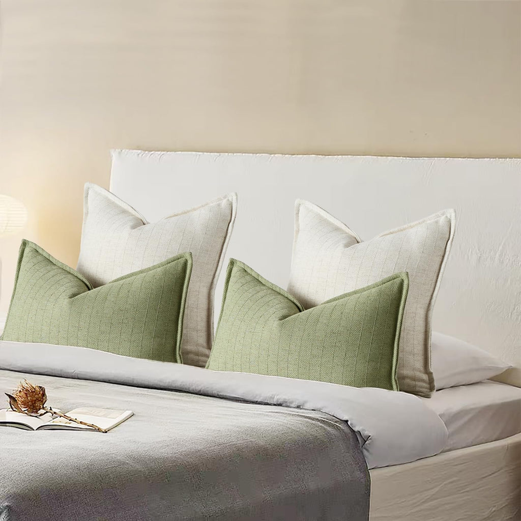 12x20 Linen Pillow Covers Sage Green Pack of 2 Farmhouse Boho Neutral Accents Striped Textured Rectangular Lumbar Decorative Throw Pillow Cases for Living Room Couch Bed Home Decor