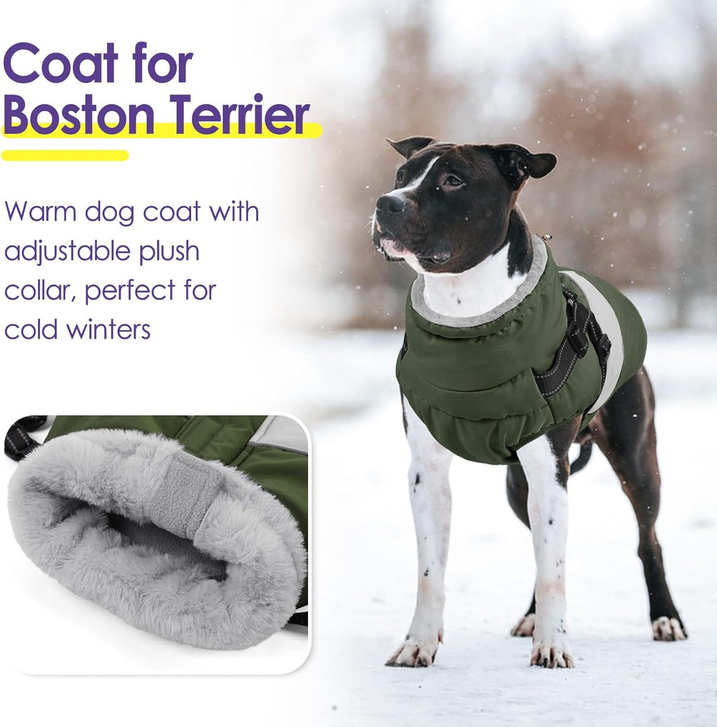 SUNFURA Dog Jacket, Large Dog Coat with Harness Built in, Warm Pet Winter Jacket Zippered Snow Coat with Furry Collar, Waterproof Fleece Snowsuit for French Bulldog, Army Green L