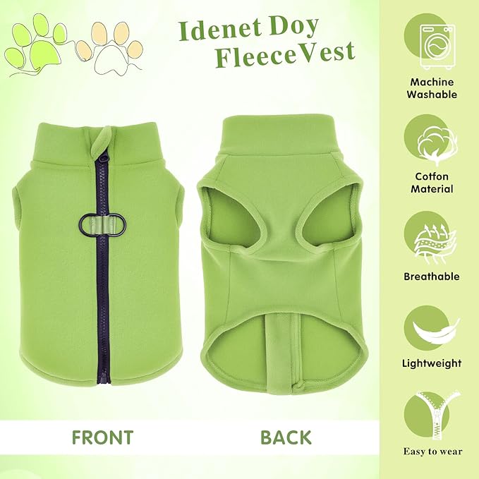 Idepet Dog Fleece Vest Sweater Zip Up Warm Pullover Dogs Jacket with D-Ring Leash Winter Cold Weater Coat Pet Sweatershirt Clothes Hoodie for Small Medium Dogs Boy Girl(Green,XS)