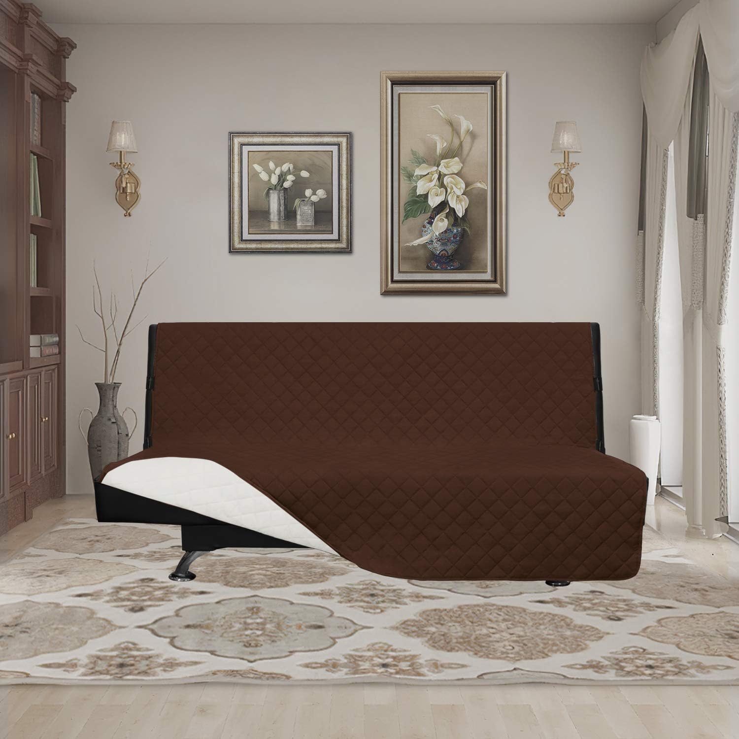 Easy-Going Futon Sofa Slipcover Reversible Sofa Cover Armless Couch Cover Water Resistant Pets, Kids, Children, Dog, Cat (Coffee/Ivory)