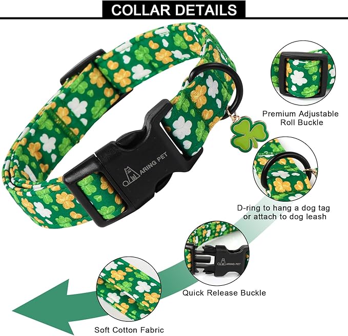 ARING PET St Patrick's Day Dog Collar-Cute Green Clovers Dog Collars, Adjustable Shamrock Pet Collars Trefoil Puppy Collar Gifts with Quick Release Buckle for Girl&Boy Dogs