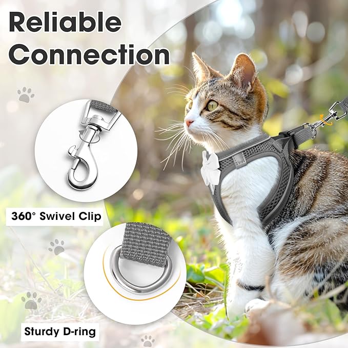 Cat Vest Harness and Leash Set for Walking Escape Proof, Adjustable Kitten Harness Breathable Mesh with Reflective Strips Harness for Kitty Puppy Bunny (Grey,S)