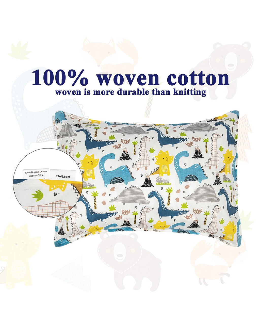 ALVABABY Toddler Pillowcases 2 Pack Organic Cotton Kids Pillow Cover Fit 13"x 18" or 12"x16" Envelope for Girl Boy Sleepy Travel Dinosaur Bear(Pillowcase Only)